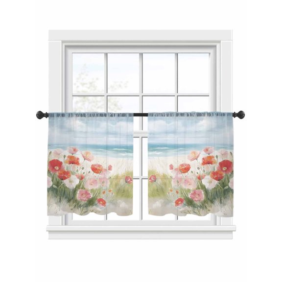 Spring Floral Sheer Curtains 2 Panels Set Poppy Field Sky Beach Watercolor Landscape Sheer Window Curtains Light Filtering Rod Pocket Voile Drapes for Bedroom Living Room 52"x45"