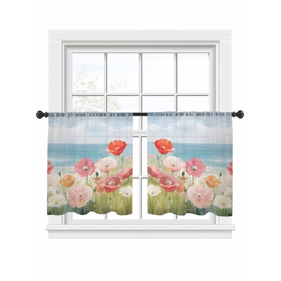 Spring Floral Sheer Curtains 2 Panels Set Poppy Flower Field Sky Beach Nature Landscape Sheer Window Curtains Light Filtering Rod Pocket Voile Drapes for Bedroom Living Room 52"x45"