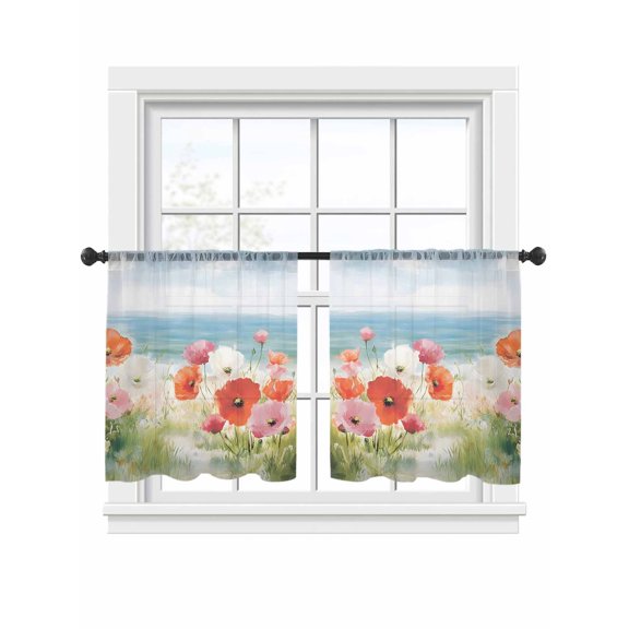 Spring Floral Sheer Curtains 2 Panels Set Poppy Grass Sky Sea Watercolor Landscape Sheer Window Curtains Light Filtering Rod Pocket Voile Drapes for Bedroom Living Room 52"x45"