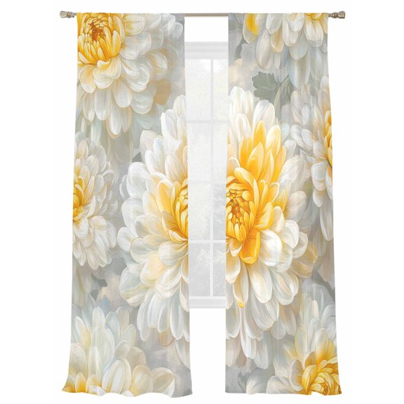 Spring Floral Sheer Curtains 2 Panels Set Vintage Watercolor Gradient Yellow White Flowers Sheer Window Curtains Light Filtering Rod Pocket Voile Drapes for Bedroom Living Room 52"X84"