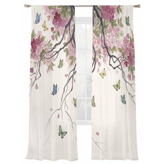 Spring Floral Sheer Curtains 2 Panels Set Watercolor Pink Cherry Blossom Romantic Butterfly Sheer Window Curtains Light Filtering Rod Pocket Voile Drapes for Bedroom Living Room 52"X108"