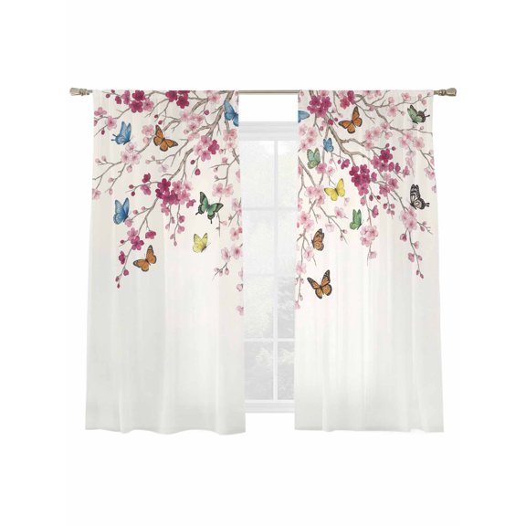Spring Floral Sheer Curtains 2 Panels Set Watercolor Pink Cherry Blossoms Romantic Butterfly Sheer Window Curtains Light Filtering Rod Pocket Voile Drapes for Bedroom Living Room 52"x63"