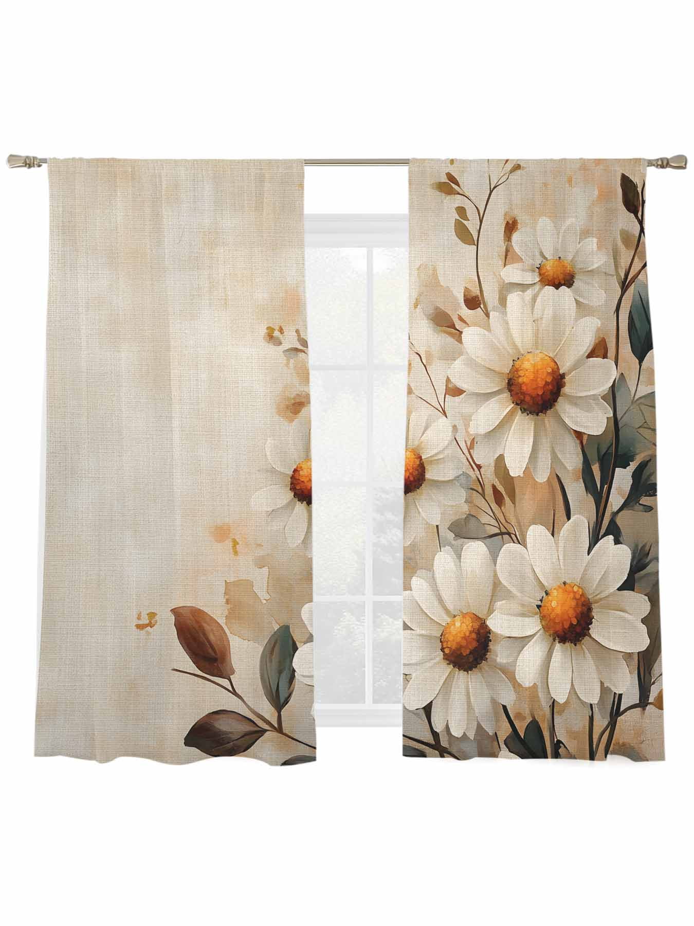 Spring Floral Sheer Curtains 2 Panels Set White Flowers Idyllic Linen Texture Sheer Window Curtains Light Filtering Rod Pocket Voile Drapes for Bedroom Living Room 52"x63"