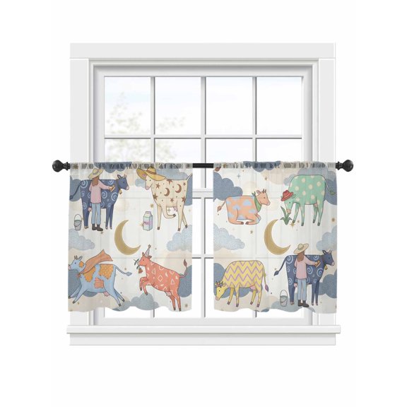 Spring Floral Sheer Curtains 2 Panels Set White Line Daisy Graffiti Cloud Cartoon Funny Cow Sheer Window Curtains Light Filtering Rod Pocket Voile Drapes for Bedroom Living Room 52"x45"