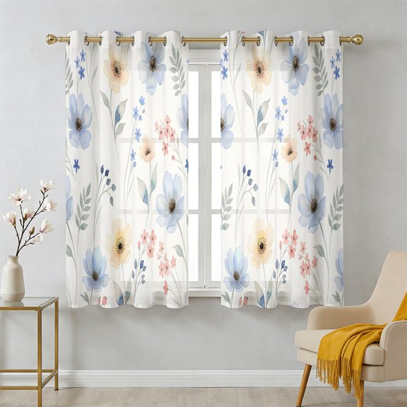Spring Floral Sheer Curtains 39 Inch Long 2 Panels, Country Vintage Pastoral Blue Yellow Flowers Green Leaf Light Filtering Semi Sheer Drapes Grommet Voile Window Curtain for Living Bedroom W27.9xL39