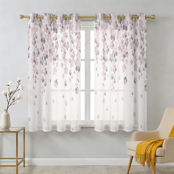 Spring Floral Sheer Curtains 39 Inch Long 2 Panels, Japanese Watercolor Cherry Blossom Pink Flowers Light Filtering Semi Sheer Drapes Grommet Voile Window Curtain for Living Bedroom W27.9 x L39