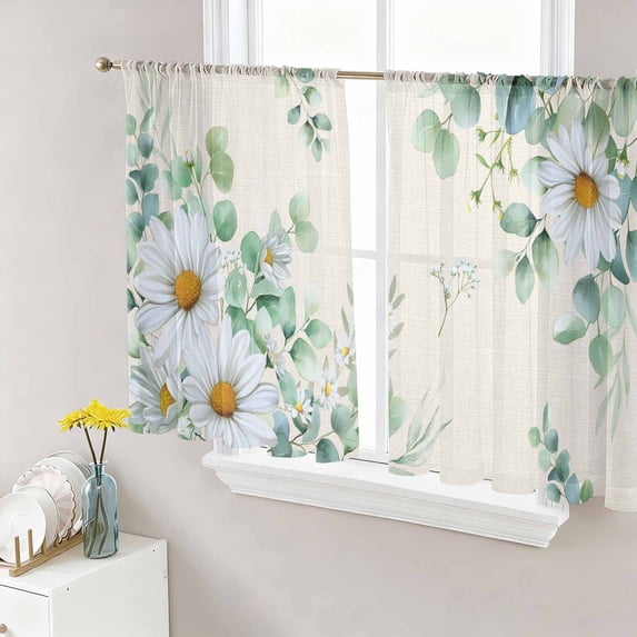 Spring Floral Sheer Curtains 45 Inch Length 2 Panels Set, Daisy Eucalyptus Leaves Watercolor Rustic Voile Window Treatment Rod Pocket Small Kitchen Curtains Drapes for Bedroom 52"x45"x2