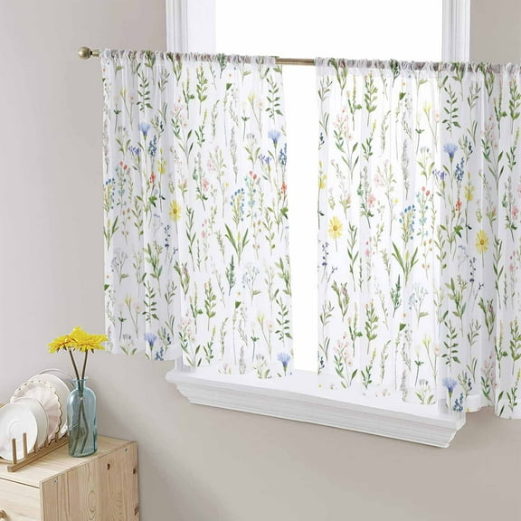 Spring Floral Sheer Curtains 45 Inch Length 2 Panels Set for Living Room/Bedroom, Watercolor Botanical Flower Semi Curtain Sheers Drapes Rod Pocket Curtains Window Treatment Set 52''x45''x2