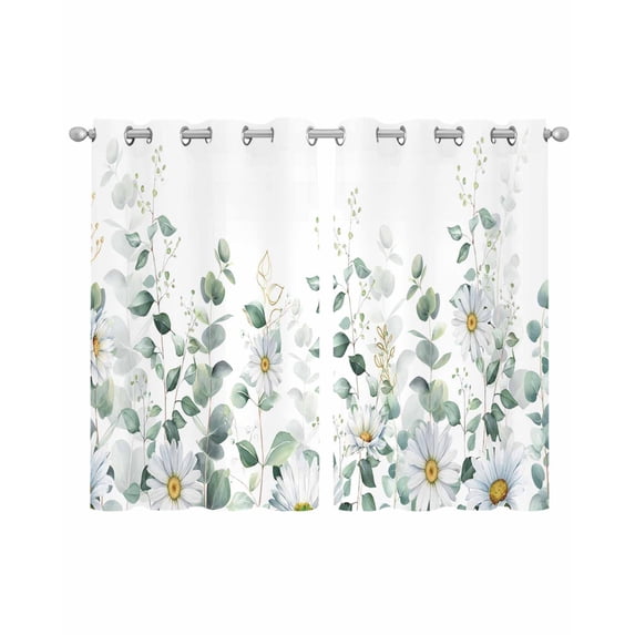 Spring Floral Sheer Curtains 45 Inch Length 2 Panels Set for Living Room/Bedroom, White Daisy Watercolor Leaves Pastoral Kitchen Curtains Grommet Semi-Sheer Curtains Window Treatments 42"x45"x2
