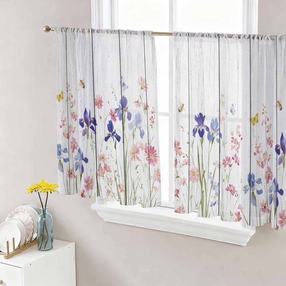 Spring Floral Sheer Curtains 45 Inch Length 2 Panels Set, Summer Botanical Flowers Vintage Voile Window Treatment Rod Pocket Small Kitchen Curtains Drapes for Bedroom 52"x45"x2
