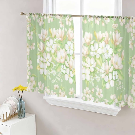 Spring Floral Sheer Curtains 45 Inch Length 2 Panels Set Window Treatments, Watercolor Orchid Flowers Leaves Botanical Green Rod Pocket Semi Curtains for Living Room/Bedroom/Kitchen, 104"W x 45"L