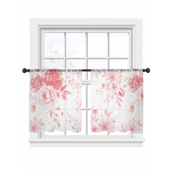 Spring Floral Sheer Curtains 45 Inch Long 2 Panels, Classic Pink Gradient Flowers Light Filtering Rod Pocket Semi Sheer Curtains, Sheer Voile Drapes for Living Room Bedroom, 52"x45"