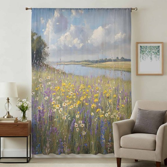 Spring Floral Sheer Curtains 45 Inches Long, Oil Painting Pastoral Flowers Light Filering Curtains, Breathable Simi Curtain Privacy Drapes for Kitchen Bathroom Lightweight Small Window Treatment