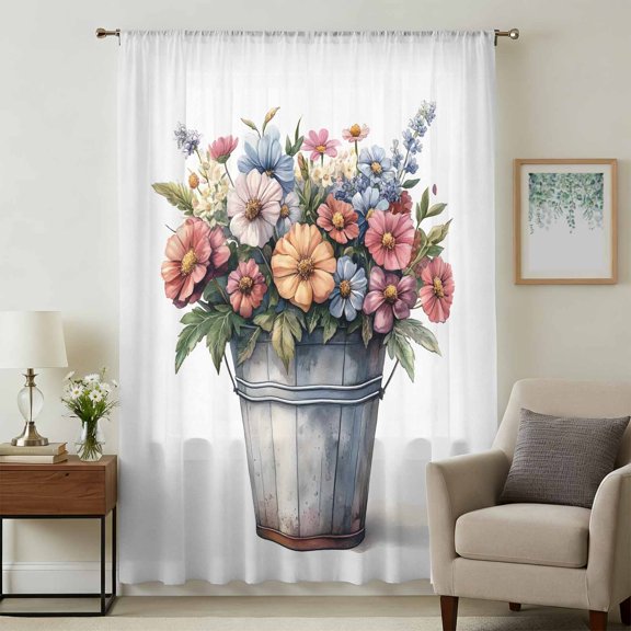 Spring Floral Sheer Curtains 45 Inches Long, Summer Garden Flora Illustrations Light Filering Curtains, Breathable Simi Curtain Privacy Drapes for Kitchen Bathroom Lightweight Small Window Treatment
