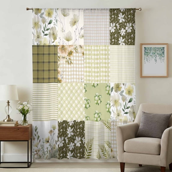 Spring Floral Sheer Curtains 45 Inches Long, Yellow Flowers Botanical Patchwork Grid Bohemia Light Filering Curtains, Breathable Simi Curtain Privacy Drapes for Kitchen Bathroom Window Treatment