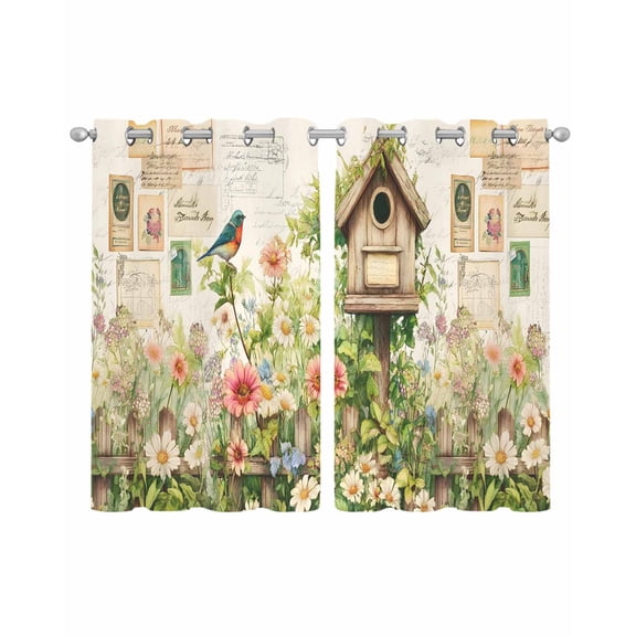 Spring Floral Sheer Curtains 54 Inch Length 2 Panels Set for Living Room/Bedroom, Birds Cabin Daisy Watercolor Botanical Farmhouse Kitchen Curtains Grommet Curtains Window Treatments 42"x54"x2