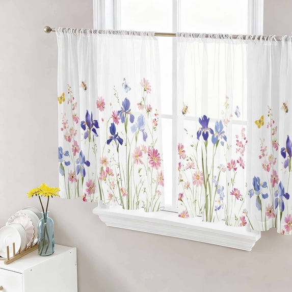 Spring Floral Sheer Curtains 54 Inch Length 2 Panels Set, Watercolor Summer Botanical Flowers Voile Window Treatment Rod Pocket Short Kitchen Curtains Drapes for Bedroom 52"x54"x2