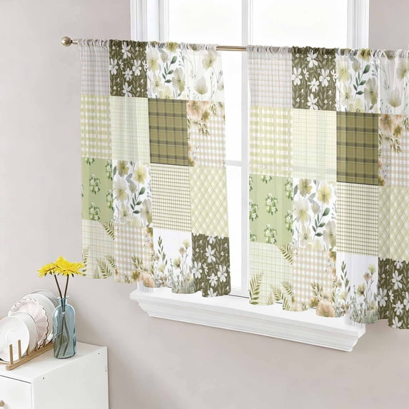Spring Floral Sheer Curtains 54 Inch Length 2 Panels Set, Yellow Flowers Botanical Patchwork Grid Bohemia Voile Window Treatment Rod Pocket Short Kitchen Curtains Drapes for Bedroom 52"x54"x2