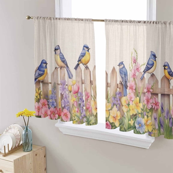 Spring Floral Sheer Curtains 54 Inches Length 2 Panels Set, Window Sheer Curtains for Living Room/Bedroom, Summer Birds Botanical Fence Rustic Light Filtering Rod Pocket Curtain 52'' x 54'' x 2