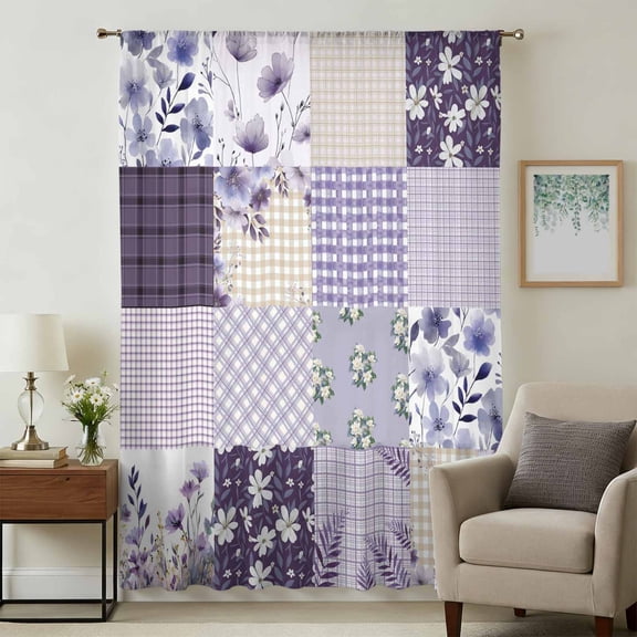 Spring Floral Sheer Curtains 54 Inches Long, Dark Purple Flowers Patchwork Grid Bohemia Light Filering Curtains, Breathable Simi Curtain Privacy Drapes for Kitchen Bathroom Small Window Treatment