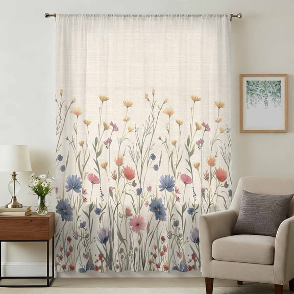 Spring Floral Sheer Curtains 54 Inches Long, Watercolor Rustic Summer Botanical Light Filering Curtains, Breathable Simi Curtain Privacy Drapes for Kitchen Bathroom Nursery Small Window Treatment