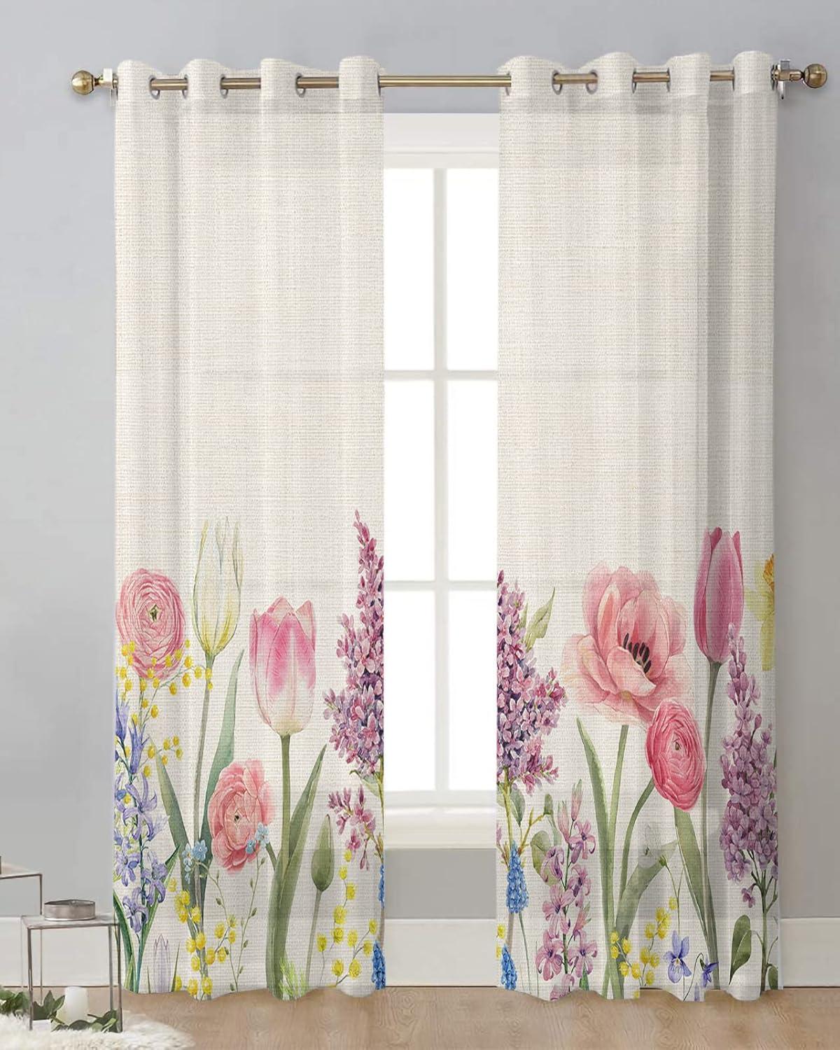 Spring Floral Sheer Curtains 63 Inch Length 2 Panels Set for Living ...