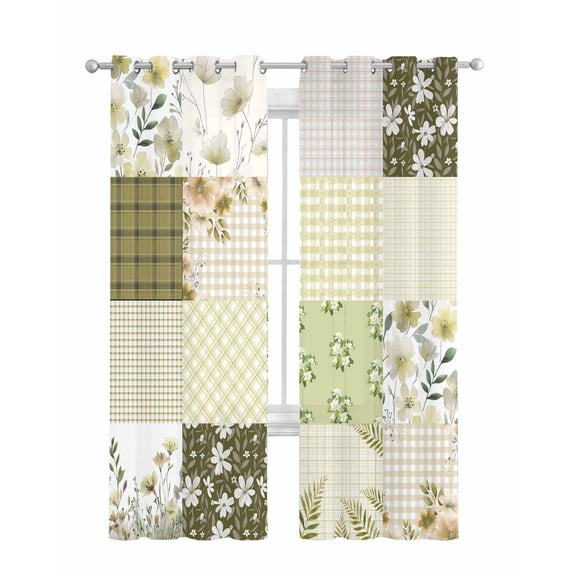 Spring Floral Sheer Curtains 63 Inch Length 2 Panels Set for Living Room/Bedroom, Yellow Flowers Botanical Patchwork Grid Bohemia Kitchen Curtains Grommet Curtains Window Treatments 42"x63"x2