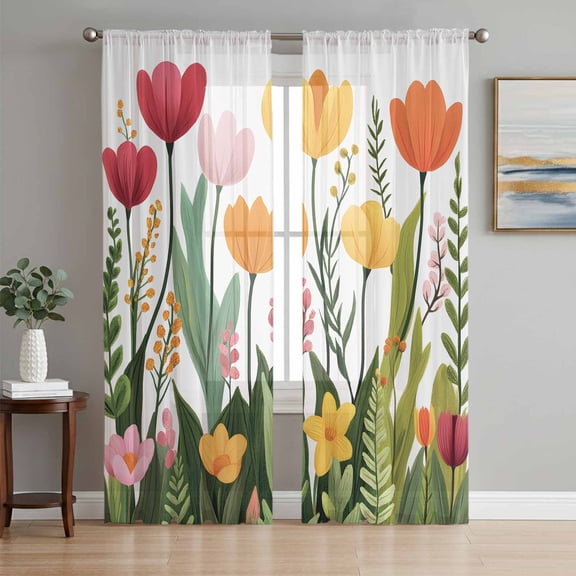 Spring Floral Sheer Curtains 63 Inch Length 2 Panels Set, Modern Country Botanical Flower Leaf Plants Voile Window Treatment Curtains Sheers Drapes for Bedroom/Living Room/Kitchen 52x"63"x2