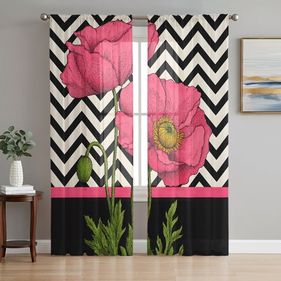 Spring Floral Sheer Curtains 63 Inch Length 2 Panels Set, Pink Poppy Flowers Branch Leaves Striped Black Window Treatment Rod Pocket Curtains Sheers Drapes for Bedroom/Living Room/Kitchen 52x"63"x2