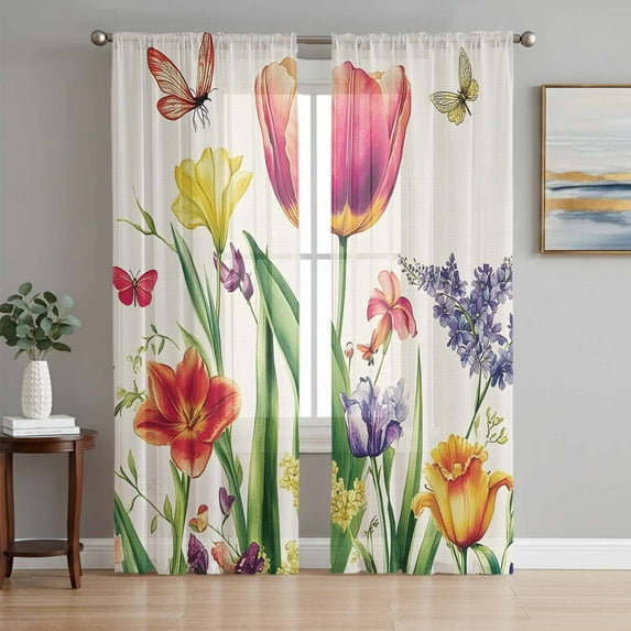 Spring Floral Sheer Curtains 63 Inch Length 2 Panels Set, Rustic Tulip Butterfly Botanical Summer Voile Window Treatment Rod Pocket Curtains Sheers Drapes for Bedroom/Living Room/Kitchen 52x"63"x2
