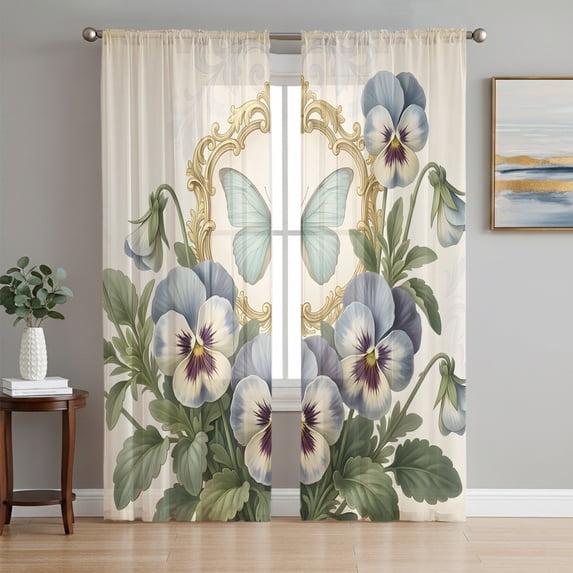 Spring Floral Sheer Curtains 63 Inch Length 2 Panels Set, Watercolor Flowers Butterfly Voile Window Treatment Rod Pocket Curtains Sheers Drapes for Bedroom/Living Room/Kitchen 52x"63"x2