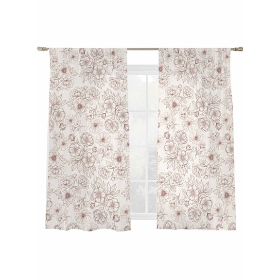 Spring Floral Sheer Curtains 63 Inches Long 2 Panels, Abstract Line Flowers Vintage Leaves Retro Red Semi Sheer Rod Pocket Window Curtains Light Filtering Drapes for Living Room Bedroom