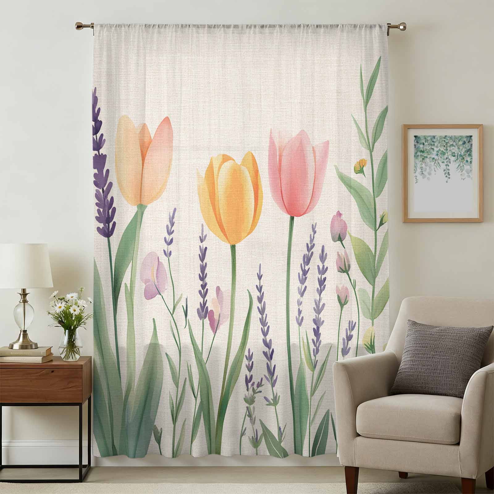 Spring Floral Sheer Curtains 63 Inches Long, Pink Yellow Tulip ...