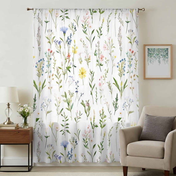 Spring Floral Sheer Curtains 63 Inches Long, Watercolor Botanical Flower Light Filering Curtains, Breathable Simi Curtain Privacy Drapes for Living Room Bedroom Lightweight Window Treatment
