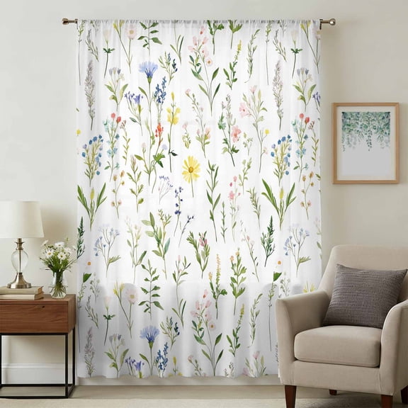 Spring Floral Sheer Curtains 63 Inches Long, Watercolor Botanical Flower Light Filering Curtains, Breathable Simi Curtain Privacy Drapes for Living Room Bedroom Lightweight Window Treatment