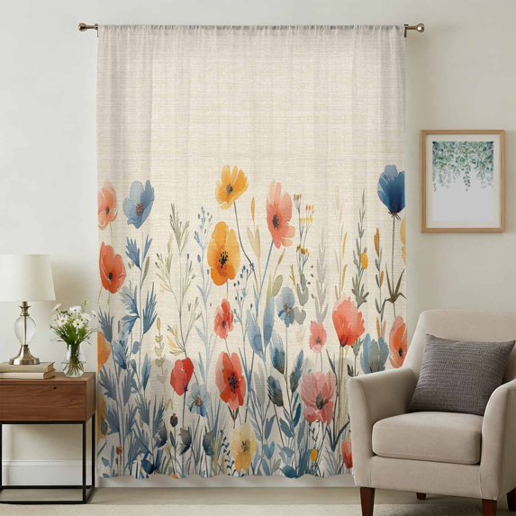 Spring Floral Sheer Curtains 63 Inches Long, Watercolor Elegant Summer Botanical Rustic Light Filering Curtains, Breathable Simi Curtain Privacy Drapes for Living Room Bedroom Window Treatment