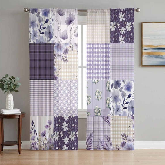 Spring Floral Sheer Curtains 72 Inch Length 2 Panels Set, Dark Purple Flowers Patchwork Grid Bohemia Voile Window Treatment Rod Pocket Curtains Sheers Drapes for Bedroom/Living Room/Kitchen 52"x72"x2