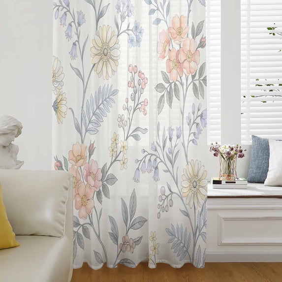 Spring Floral Sheer Curtains 72 Inch Length, Light Filtering Voile Curtain Panel, Pastoral Flowers Aesthetics Farmhouse Rod Pocket Drapes Window Treatments for Living Room Bedroom 52"x72"