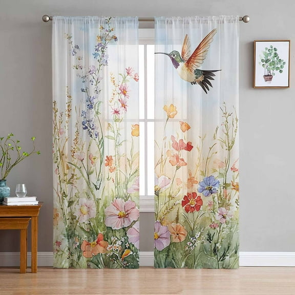 Spring Floral Sheer Curtains 72 Inches Long 2 Panels Set, Window Sheer Curtains for Living Room/Bedroom, Hummingbird Summer Botanical Watercolor Light Filtering Rod Pocket Curtain 52'' x 72'' x 2