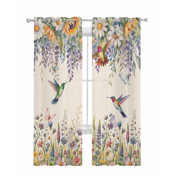 Spring Floral Sheer Curtains 84 Inch Length 2 Panels Set for Living Room/Bedroom, Daisy Sunflowers Wisteria Hummingbird Beige Kitchen Curtains Grommet Semi-Sheer Curtains Window Treatments 52"x84"x2
