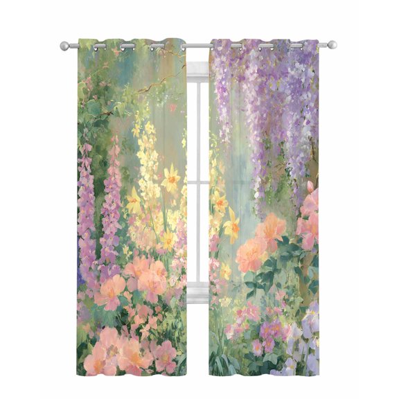 Spring Floral Sheer Curtains 84 Inch Length 2 Panels Set for Living Room/Bedroom, Forest Leaves Trees Blossom Oil Painting Kitchen Curtains Grommet Semi-Sheer Curtains Window Treatments 42"x84"x2