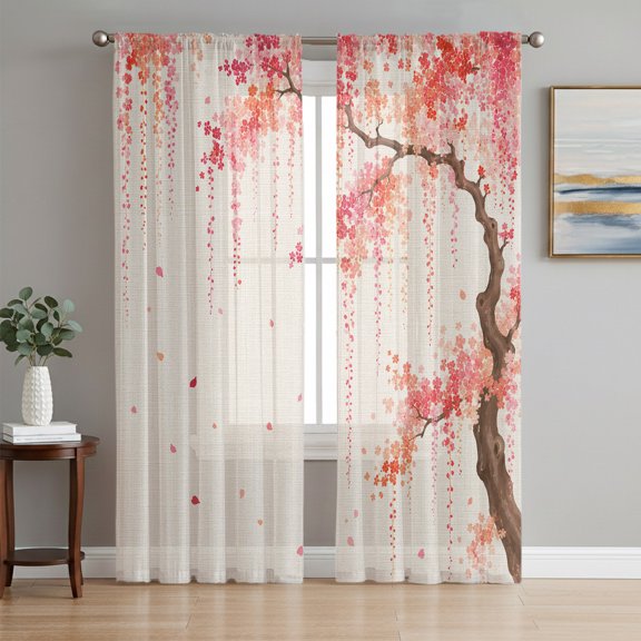 Spring Floral Sheer Curtains 84 Inch Length 2 Panels Set, Pink Weeping Cherry Blossom Branches Beige Voile Window Treatment Rod Pocket Curtains Sheers for Bedroom/Living Room/Kitchen 52"x84"x2