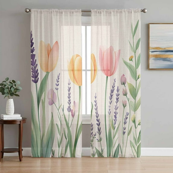 Spring Floral Sheer Curtains 84 Inch Length 2 Panels Set, Pink Yellow Tulip Botanical Summer Voile Window Treatment Rod Pocket Curtains Sheers Drapes for Bedroom/Living Room/Kitchen 52"x84"x2
