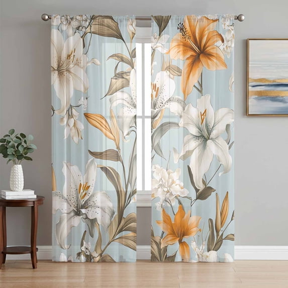 Spring Floral Sheer Curtains 84 Inch Length 2 Panels Set, Vintage Botanical Blooming Orange Voile Window Treatment Rod Pocket Curtains Sheers Drapes for Bedroom/Living Room/Kitchen 52"x84"x2