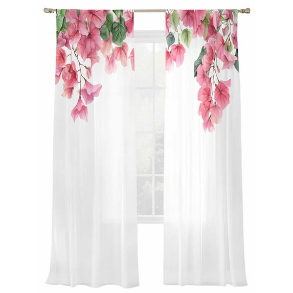 Spring Floral Sheer Curtains 84 Inch Long 2 Panels, Pink Flowers Green Leaves Light Filtering Rod Pocket Semi Sheer Curtains, Sheer Voile Drapes for Living Room Bedroom, 52"x84"
