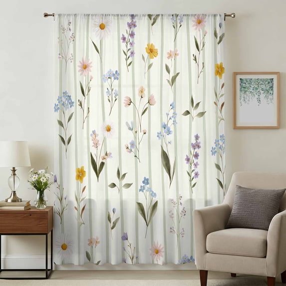 Spring Floral Sheer Curtains 84 Inches Long, Summer Botanical Sage Green Striped Light Filering Curtains, Breathable Simi Curtain Privacy Drapes for Living Room Bedroom Lightweight Window Treatment