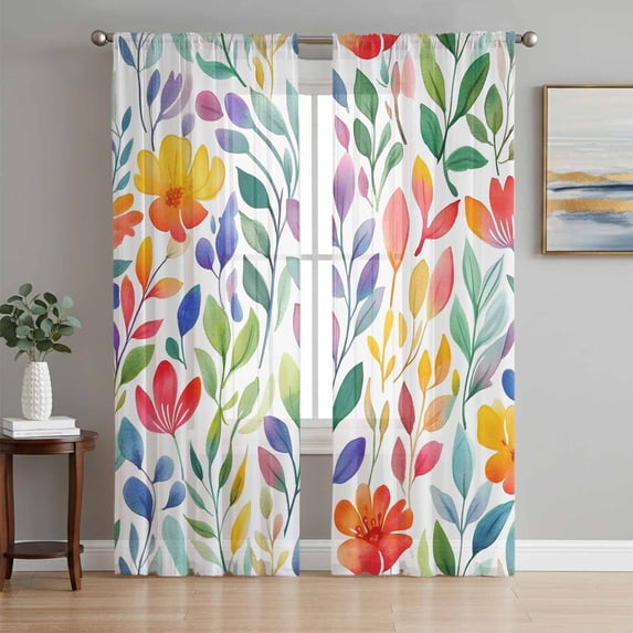 Spring Floral Sheer Curtains 96 Inch Length 2 Panels Set, Colorful Summer Botanical Flowers Abstract Voile Window Treatment Semi Sheer Long Curtains Drapes for Bedroom/Living Room/Kitchen 52"x96"x2