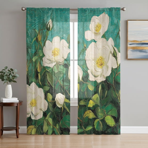 Spring Floral Sheer Curtains 96 Inch Length 2 Panels Set, Modern Abstract Flowers Leaves Voile Window Treatment Semi Sheer Long Curtains Drapes for Bedroom/Living Room/Kitchen 52"x96"x2