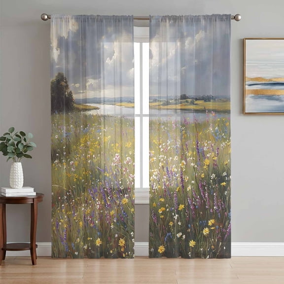 Spring Floral Sheer Curtains 96 Inch Length 2 Panels Set, Modern Oil Painting Botanical Pastoral Voile Window Treatment Semi Sheer Long Curtains Drapes for Bedroom/Living Room/Kitchen 52"x96"x2