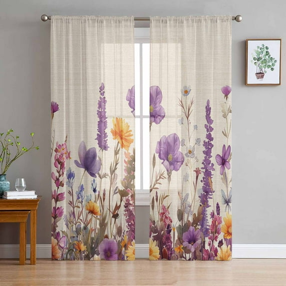 Spring Floral Sheer Curtains 96 Inches Long 2 Panels Set, Window Sheer Curtains for Living Room/Bedroom, Farmhouse Pastoral Summer Botanical Light Filtering Rod Pocket Curtain 52'' x 96'' x 2